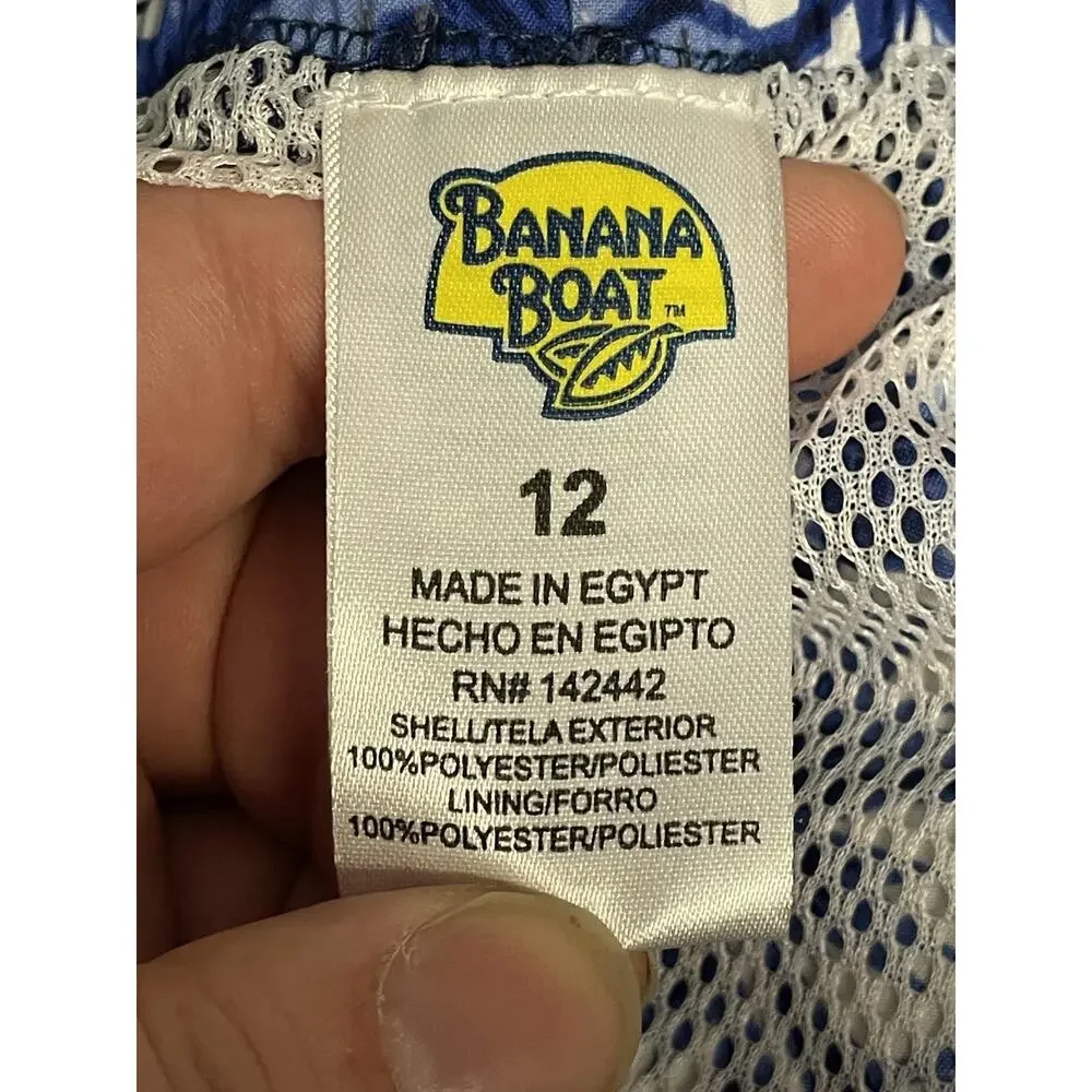 Banana Boat Swim Trunks Boys 12 Blue White Hibiscus Floral‎ Board Shorts UPF50+